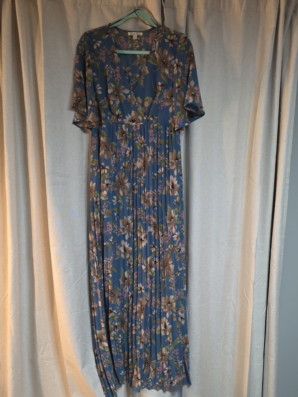 Blue Floral Pleated Maxi Dress by